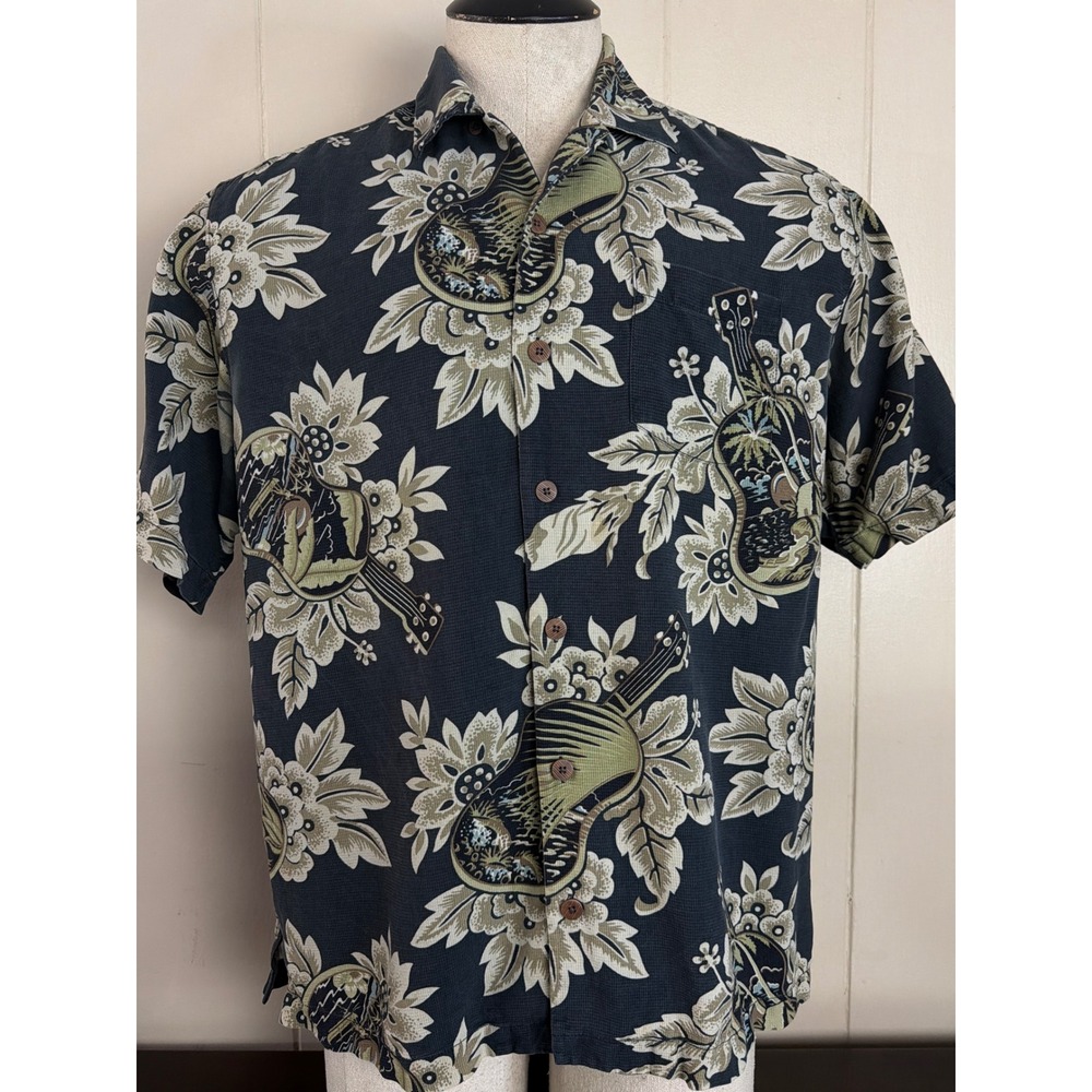 Tommy‎ Bahama Mens Medium Silk Hawaiian Shirt Black Ukulele Floral Short Sleeve
